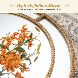 Miroir mural rond doré de 28 pouces avec cadre perlé pour salon et entrée - Doré