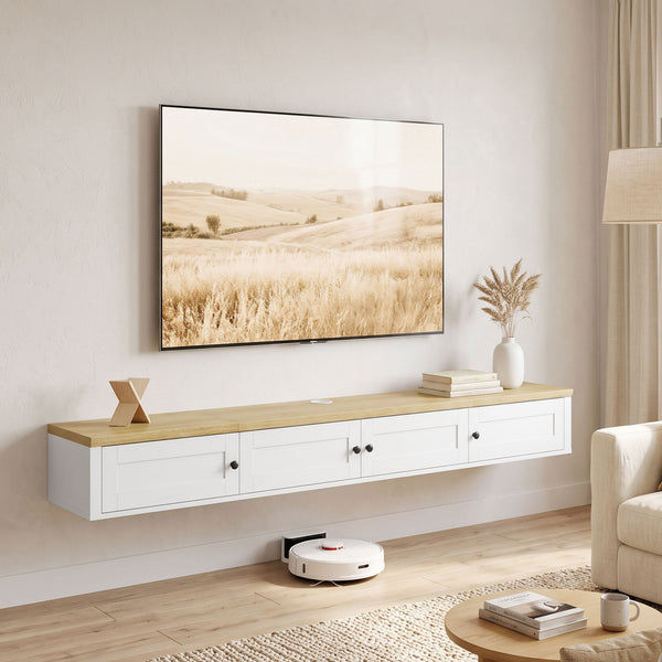 Meuble TV mural flottant 63 po avec rangement et station de recharge, blanc