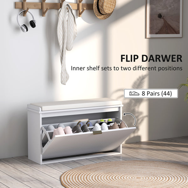 Banc d'entrée avec assise rembourrée et tiroirs rabattables avec rangement pour 8 paires de chaussures, blanc