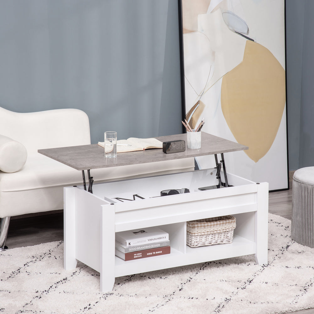 Table basse relevable avec compartiment de rangement dissimulé et étagères ouvertes, blanche