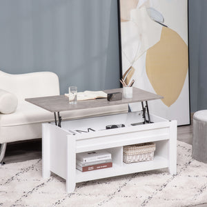Table basse relevable avec compartiment de rangement dissimulé et étagères ouvertes, blanche