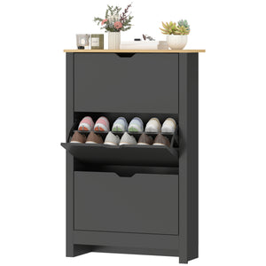 Shoe cabinet with 3 hinged drawers and adjustable shelves for 12 to 18 pairs of shoes, black