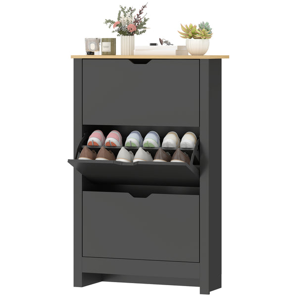Shoe cabinet with 3 hinged drawers and adjustable shelves for 12 to 18 pairs of shoes, black
