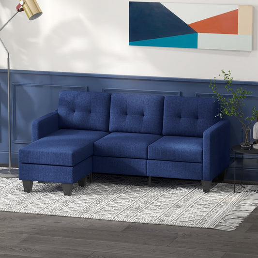 HOMCOM L-Shaped Corner Sofa, 3 Seater Sectional Sofa with Ottoman, Thick Cushion and Wooden Legs, Dark Blue