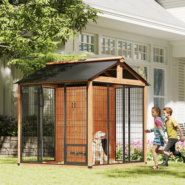 86" L Outdoor Dog House, Wooden Dog Kennel with Storage Cabinet, Stainless Steel Bowls for Large Breeds, Yellow