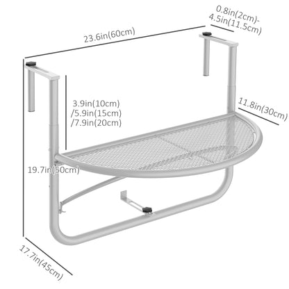 Adjustable metal balcony table, half-round serving table, white
