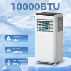 Climatiseur portable 4 en 1 10 000 BTU avec fonctions refroidissement, déshumidification, ventilation, mode sommeil, télécommande vocale Wi-Fi, blanc