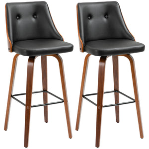 Set of 2 bar stools upholstered in faux leather with solid wood legs