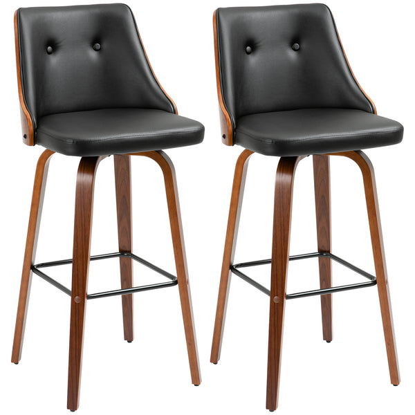Set of 2 bar stools upholstered in faux leather with solid wood legs