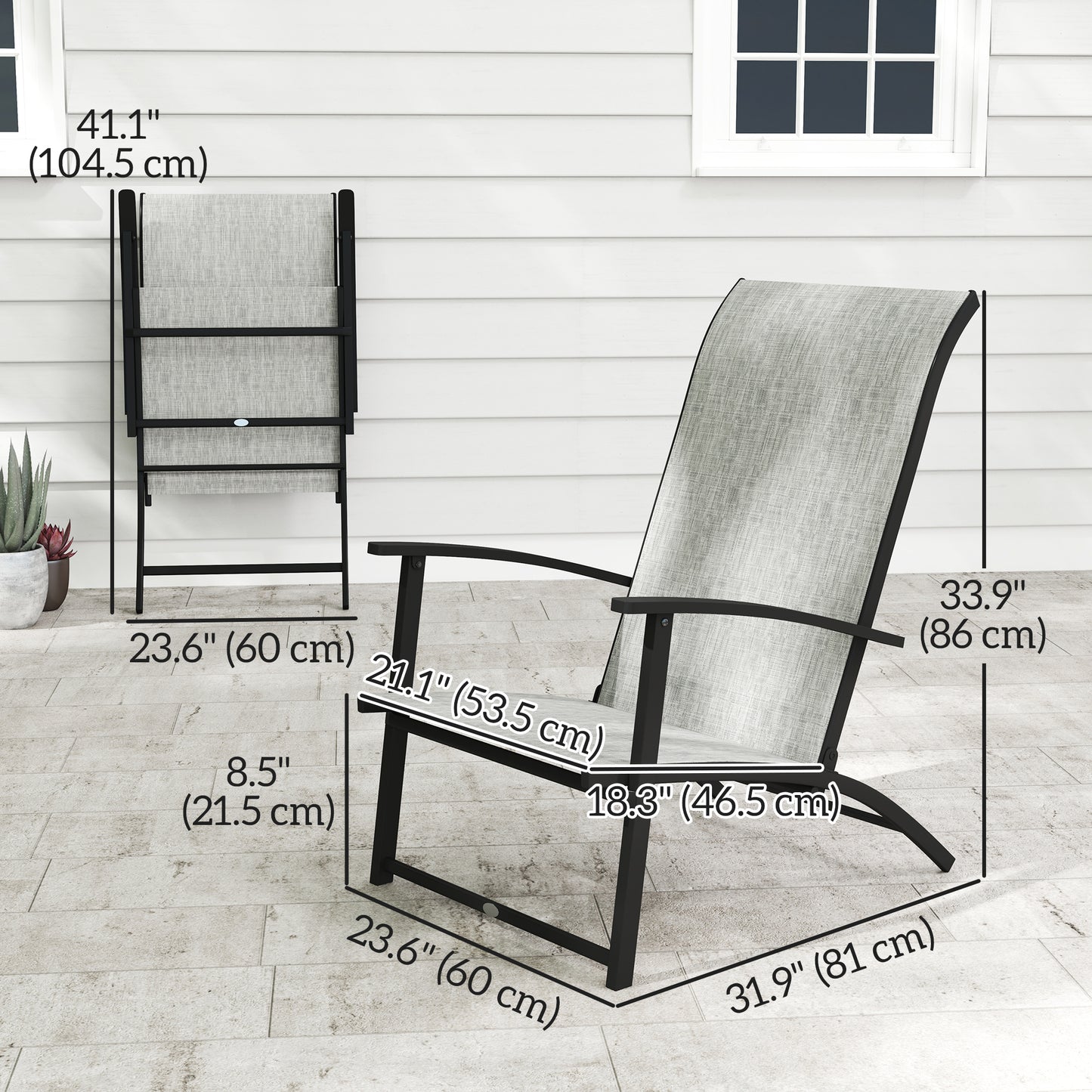 Outsunny Set of 2 Folding Garden Chairs, Outdoor Folding Chairs with Armrests, High Back for Balcony, Grey