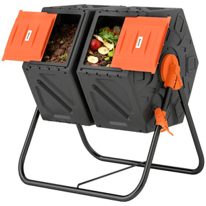Composteur rotatif à double compartiment avec 24 aérations et pieds en acier, 130 litres, orange