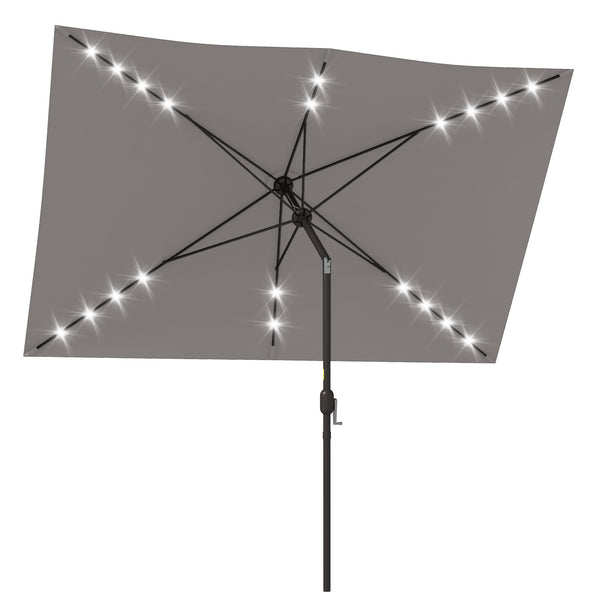 Parasol de 9,7 pieds en aluminium avec éclairage LED solaire et manivelle, gris clair