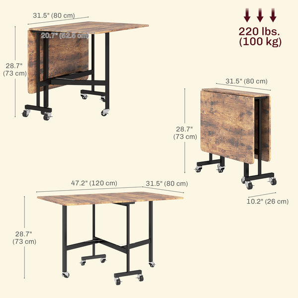 Table à manger pliante à abattants sur roulettes pour 6 personnes – Brun rustique et noir