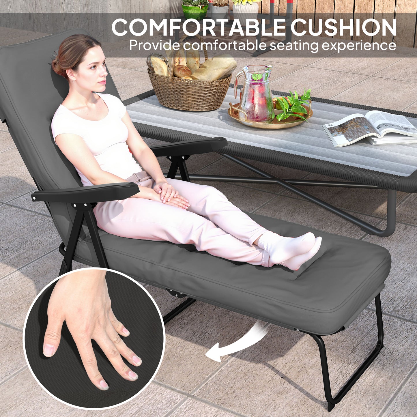 Chaise longue pliante avec coussin, dossier réglable avec repose-pieds, noir