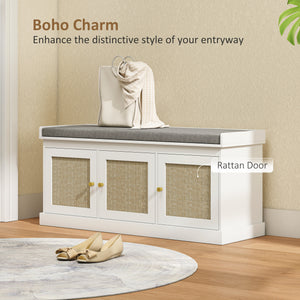 Bbanc d'entrée avec portes en rotin tressé et coussin, étagères réglables, blanc