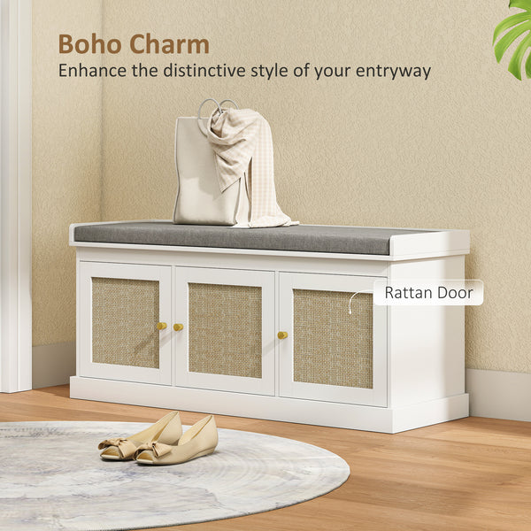 Bbanc d'entrée avec portes en rotin tressé et coussin, étagères réglables, blanc