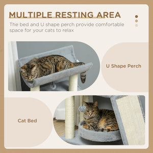 Small cat tree with perch, scratching posts, mat, bed and play balls, light gray
