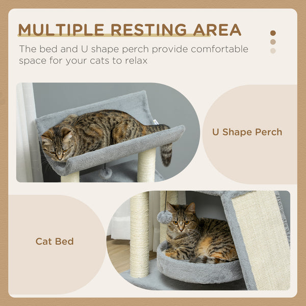Small cat tree with perch, scratching posts, mat, bed and play balls, light gray