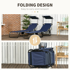 2 Piece Folding Outdoor Chaise Lounges, Pool, Sun, Tanning Chairs with Reclining Back, Sunshade for Beach, Patio, Blue