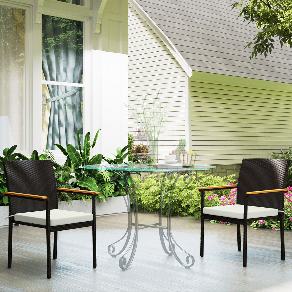 Ensemble de 2 chaises de jardin empilables en osier avec coussin amovible, blanc crème