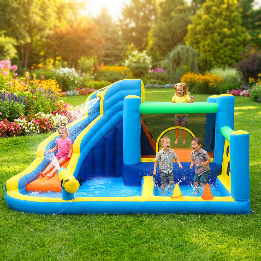 Inflatable bouncy castle for children with slide, ball pit, ball thrower and blower
