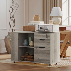 Filing Cabinet with Power Outlets File Cabinet Lockable Casters File Drawer Side Cubbies Light Grey Brown