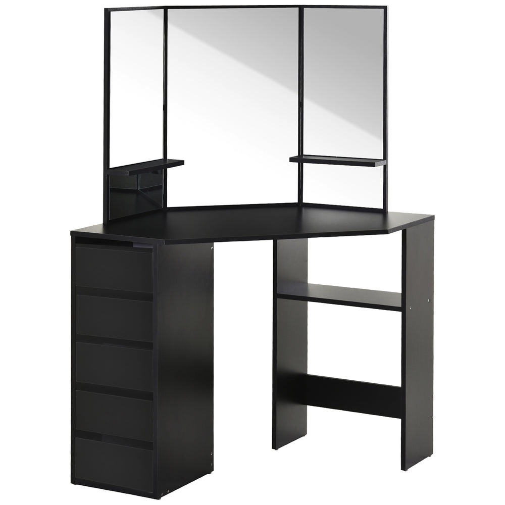 Coiffeuse d'angle avec 5 tiroirs et étagères ouvertes, miroir 3 pièces, noire