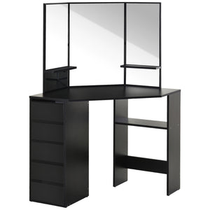 Coiffeuse d'angle avec 5 tiroirs et étagères ouvertes, miroir 3 pièces, noire