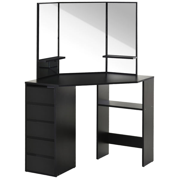 Coiffeuse d'angle avec 5 tiroirs et étagères ouvertes, miroir 3 pièces, noire