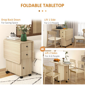 Drop Leaf Dining Table, Mobile Folding Table on Wheels with Drawers and Cabinet for Dining Room, Kitchen, Natural Wood