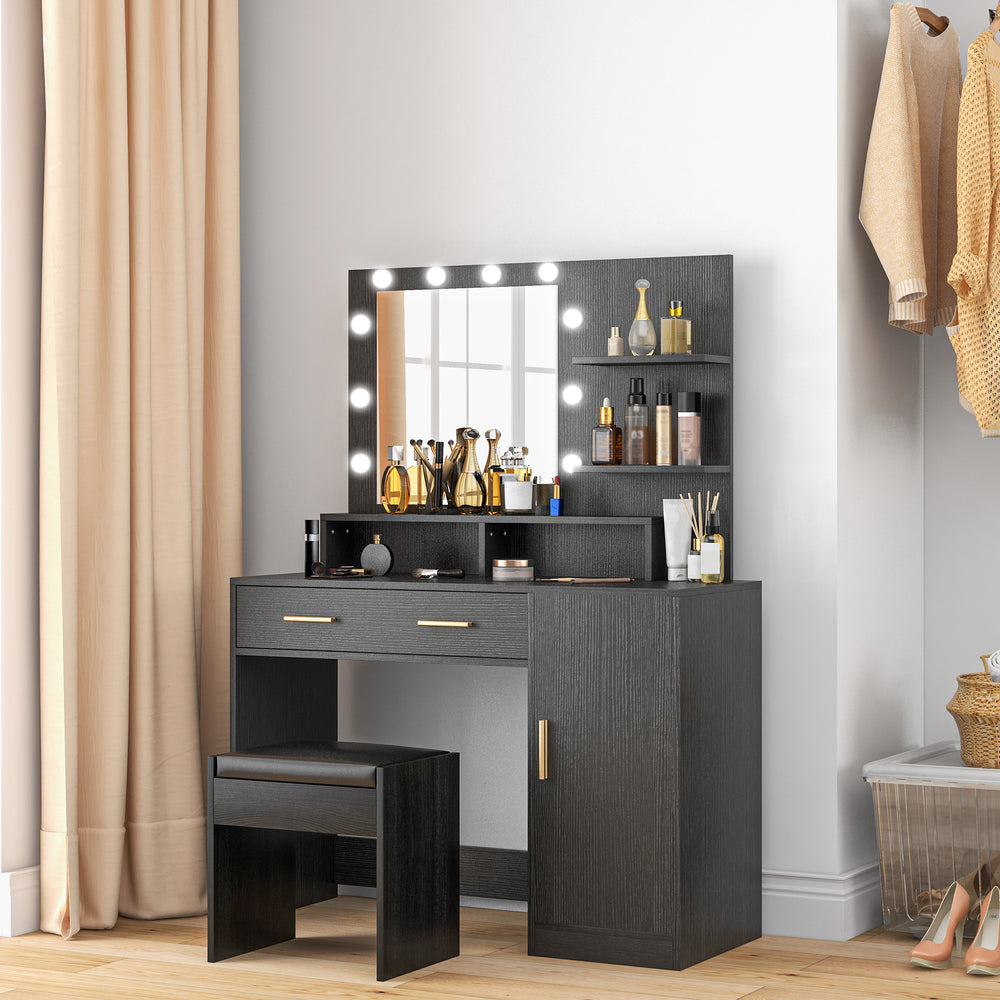 Coiffeuse lumineuse à LED avec tabouret, tiroir et étagères, noir