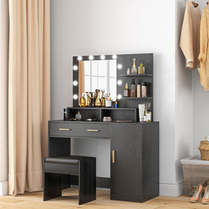 Coiffeuse lumineuse à LED avec tabouret, tiroir et étagères, noir