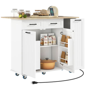 Îlot de cuisine mobile blanc avec comptoir rabattable, prises électriques et rangement