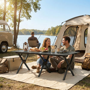 Table de camping pliante imperméable avec plateau enroulable et structure en métal, noire