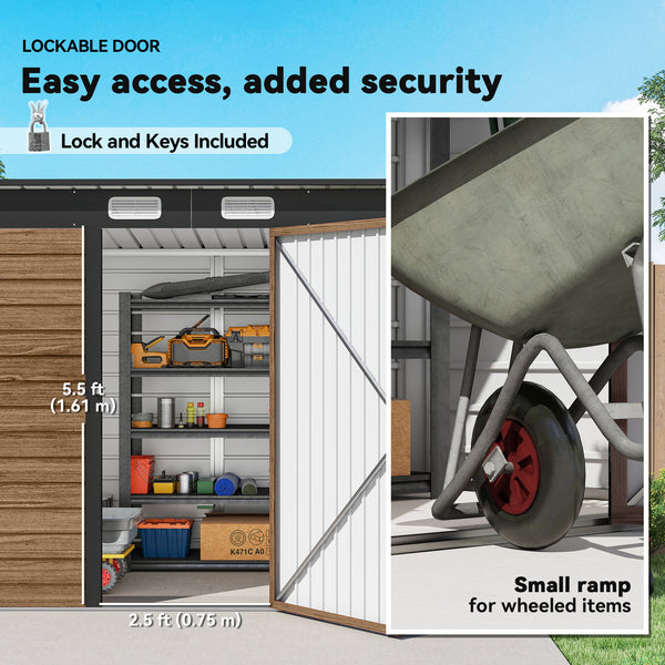 Abri de jardin galvanisé en métal avec double porte et 2 aérations, teck