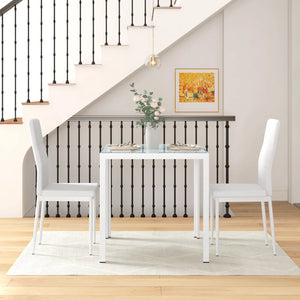 Ensemble de tables et chaises en verre avec structure en métal et revêtement en similicuir pour salle à manger, blanc