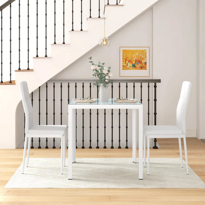 Ensemble de tables et chaises en verre avec structure en métal et revêtement en similicuir pour salle à manger, blanc