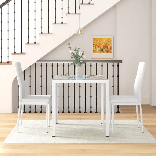 Ensemble de tables et chaises en verre avec structure en métal et revêtement en similicuir pour salle à manger, blanc