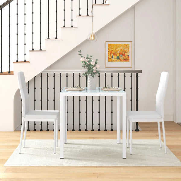 Ensemble de tables et chaises en verre avec structure en métal et revêtement en similicuir pour salle à manger, blanc