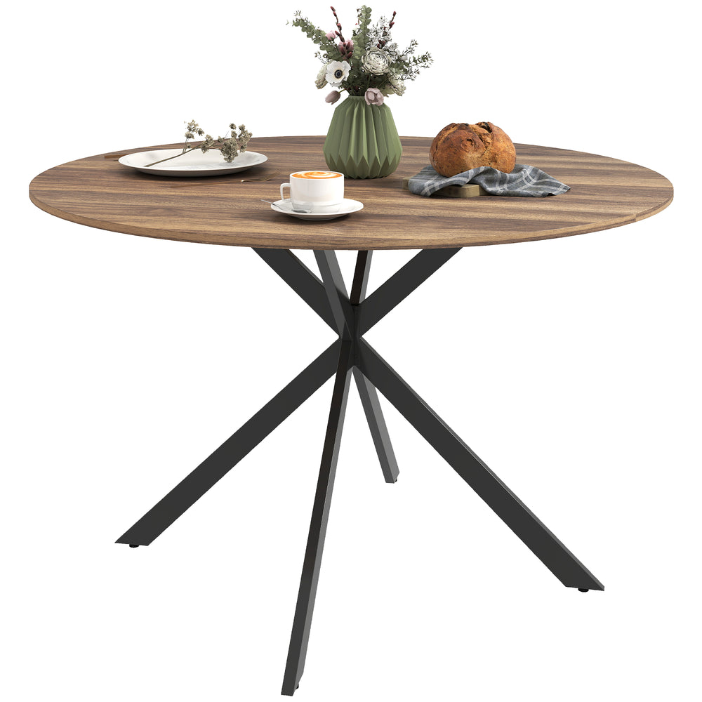 Table de cuisine ronde pour 4 personnes, style industriel, pieds en acier, marron foncé et noir.