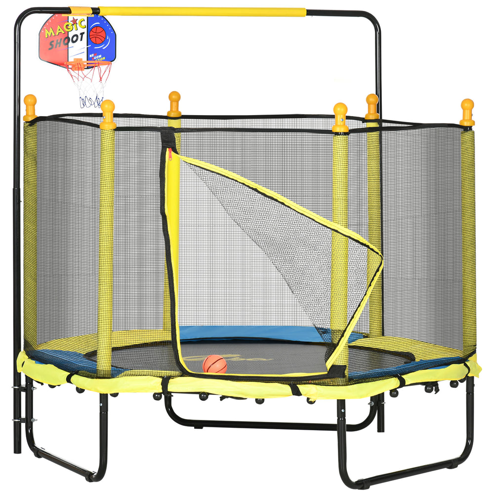4.6-foot trampoline with basketball hoop, horizontal bar and net, yellow 