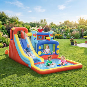 Château gonflable 4 en 1 (4,3 x 2,4 m) avec toboggan, mur d'escalade, zone de saut, piscine et souffleur