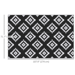Tapis d'extérieur réversible pour patio, tapis en paille plastique 6' x 9' pour jardin, terrasse, plage, camping, noir et blanc
