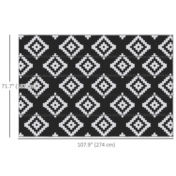 Tapis d'extérieur réversible pour patio, tapis en paille plastique 6' x 9' pour jardin, terrasse, plage, camping, noir et blanc