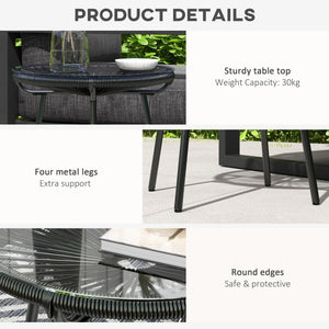 Rattan Side Table, Round Outdoor Table, with Round PE Rattan and Tempered Glass Table Top for Patio, Garden, Black
