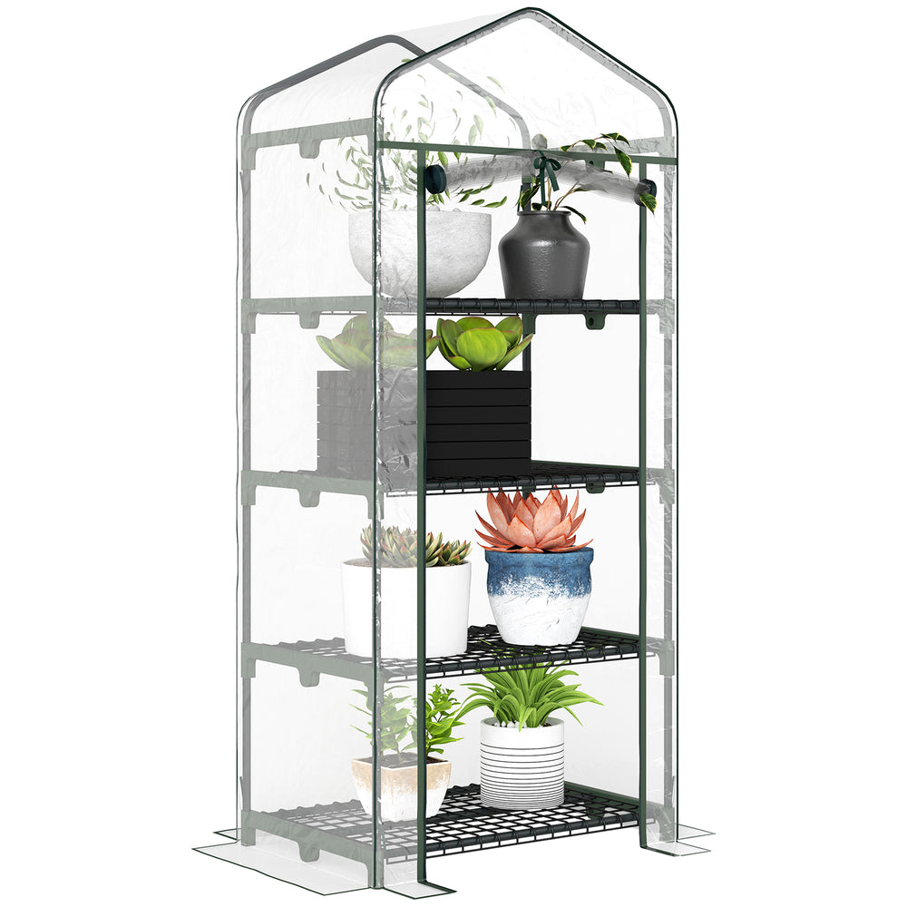 Portable greenhouse with 4 shelves and steel frame