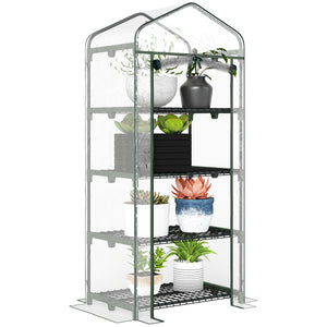 Portable greenhouse with 4 shelves and steel frame