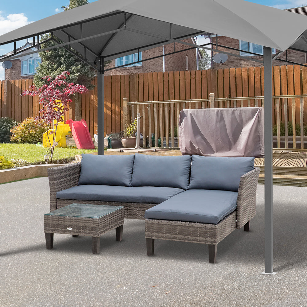 Ensemble de mobilier 3 pièces en résine tressée, table avec plateau en verre, gris