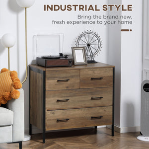 Commode pour chambre à coucher avec 4 tiroirs, structure en métal, marron
