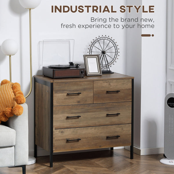 Commode pour chambre à coucher avec 4 tiroirs, structure en métal, marron